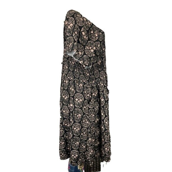 Torrid +5 Black-Beige Skull Print Shirred Bodice Side Pockets Short Sleeve Dress - Picture 3 of 6
